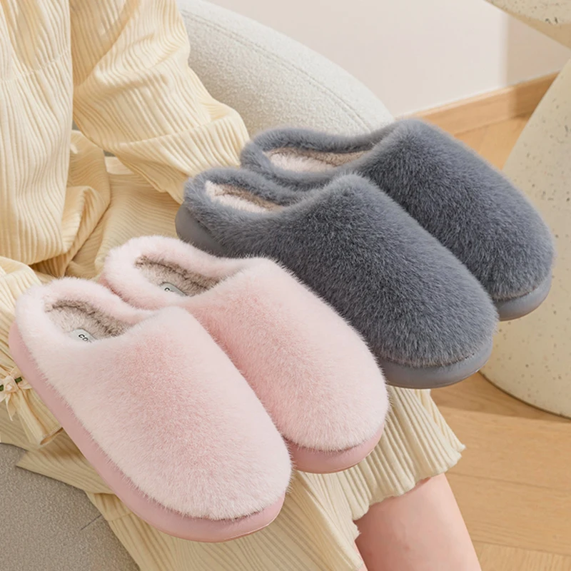 2025 Indoor Warm Faux Fur Slippers Women Comfortable Non Slip Fluffy Home Slides Woman Soft Sole Cotton Slipper Shoes Ladies