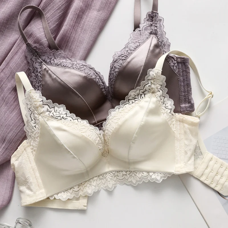 

No Underwire Gathering Light Luxury Sexy Satin Underwear Women's Bra Set