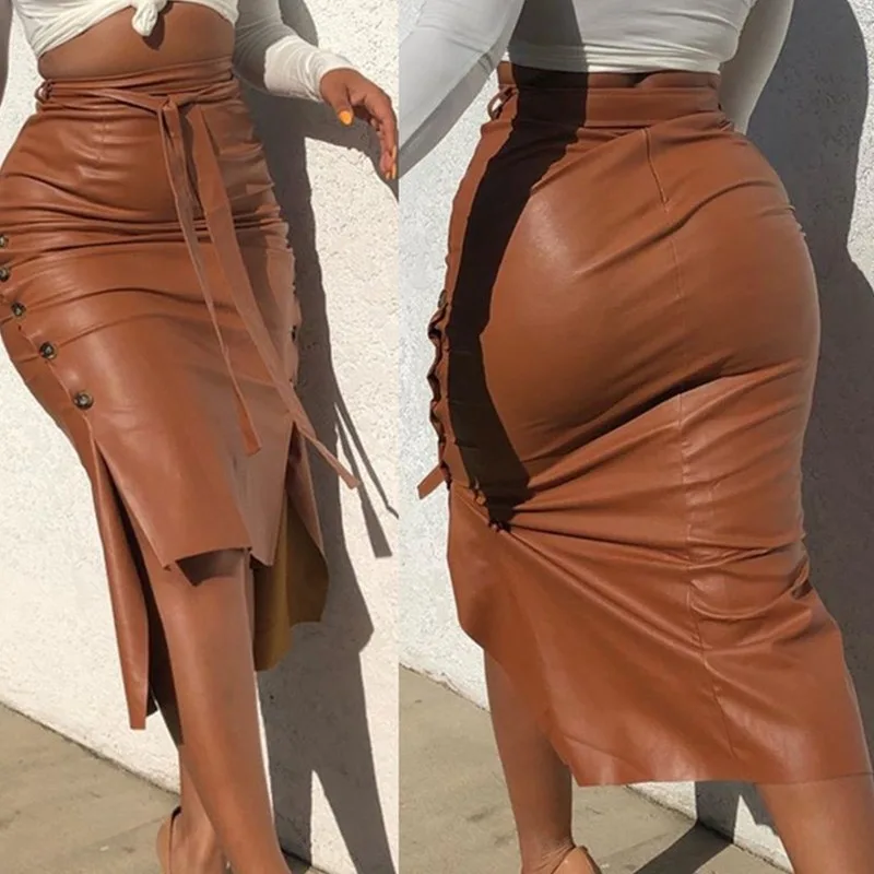 

Leather Skirt Women's Split Slim Fit 2023 Autumn and Winter European and American Mid length Wrap Hip Half Body Dress PU Skirt