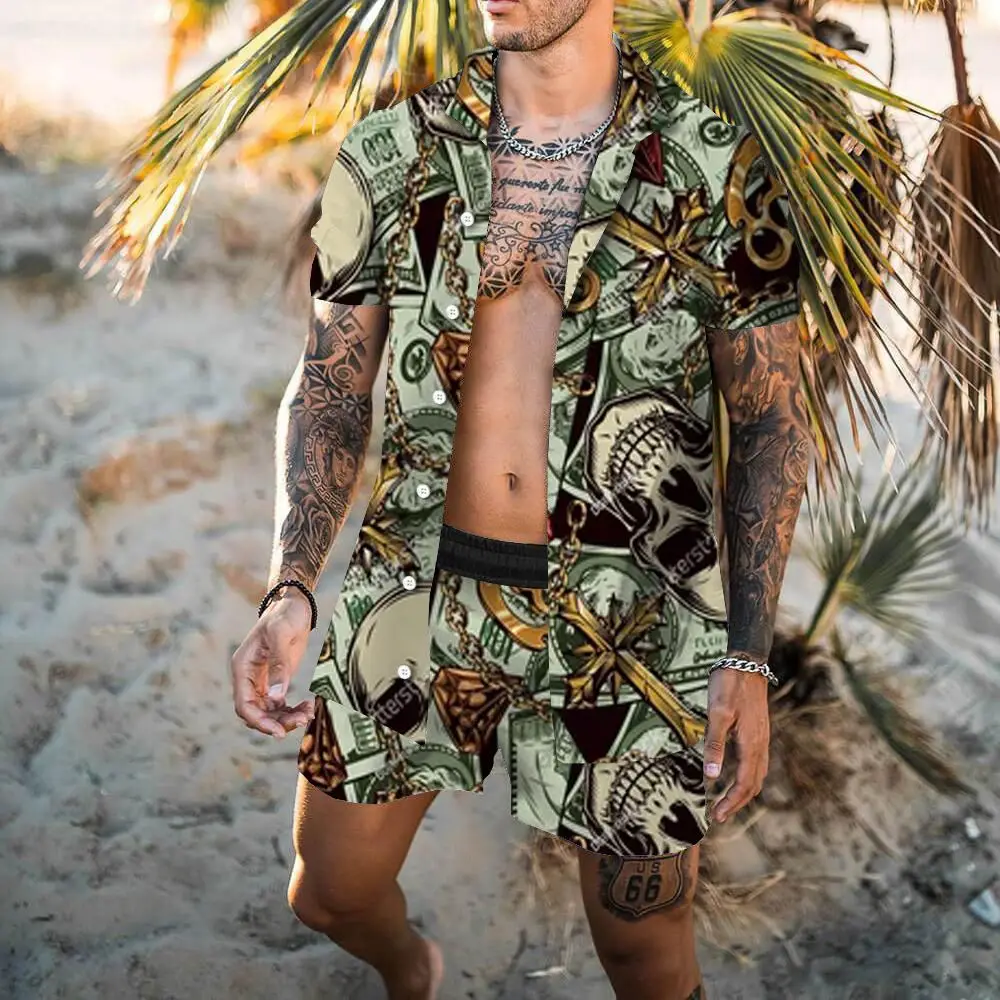 

Fashion 2Pcs set shirt beach style men 3D skull print Holiday trend suit collar short sleeve Shirt short Hawaiion pants clothes
