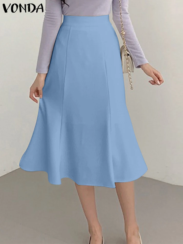 

VONDA 2024 Summer Women Elegant Long Skirts Solid Color Casual Skirt High Waist A-Line Mid-Calf Skirt Pleated Office Skirt Femme