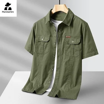 Summer Short Sleeve Shirt Men's 100 Cotton Refreshing Breathable Sweat Absorbing Shirt Climbing Work Clothes Pocket Brand Shirt