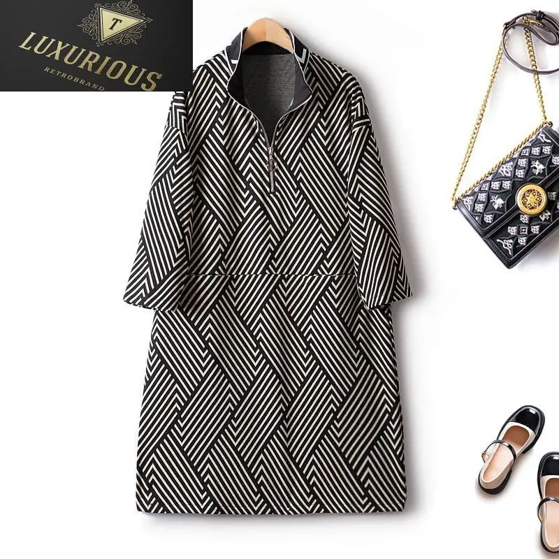 

Autumn Elegant Dresses For Women European Light Luxury Style Stand Collar Profile Herringbone Straight Large Pocket Female Dress