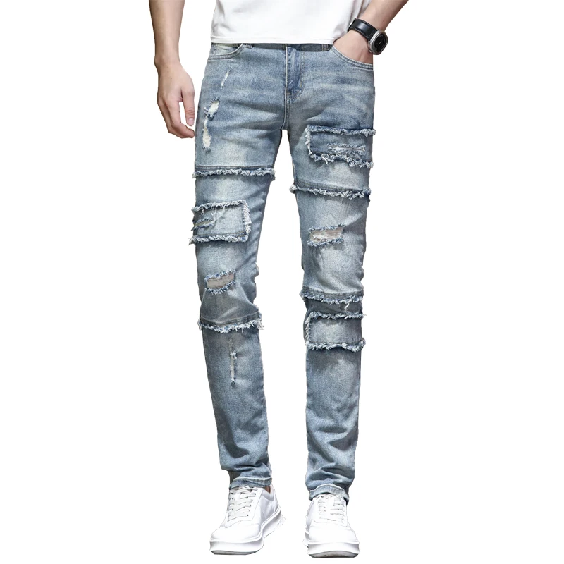 2024New Retro Distressed Ripped Jeans Men's Patch Stretch Slim Fit Stitching Straight Nostalgic High Street Motorcycle Pants