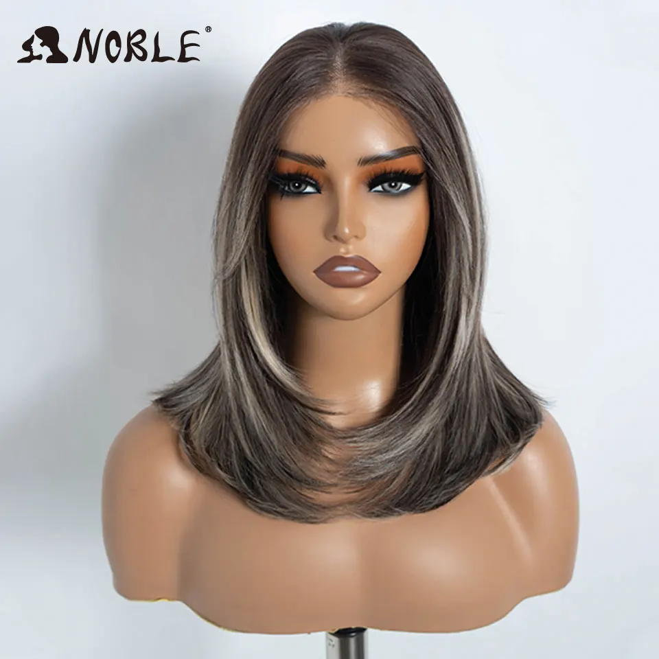 Noble Synthetic Lace Front Wig 13X3 Lace Free Part Pre Plucked Bob Wig 16" Straight Layered Ombre Grey Front Lace Wigs For Women