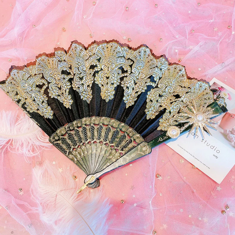 ballade Aubergine Slagter Lolita Lace Fan Gorgeous Retro European Style Rose Folding Fan Dark Gothic  Court Dance Hand Fan Gift Wedding Party Decoration - AliExpress