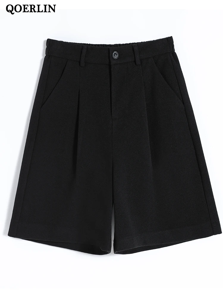 QOERLIN Vintage Women Winter Thick Woolen Shorts Elastic Waist High Waist Wide Leg Warm Black Shorts Streetwear 2022 New Pants