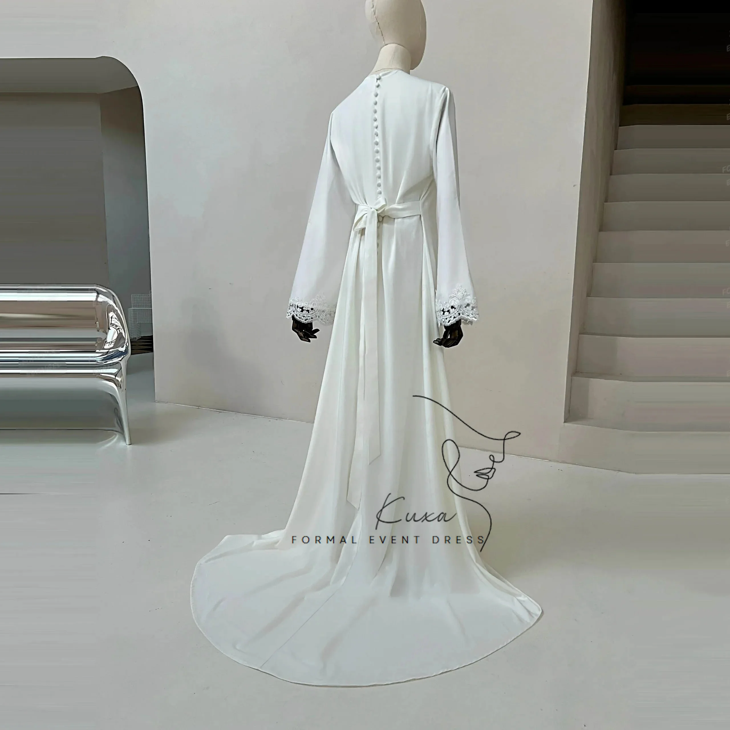 KUXA Elegant Muslim Wedding Dresses A-Line Formal Lace Long Sleeves Floor-Length Bridal Gowns Button Sweep Train Customized