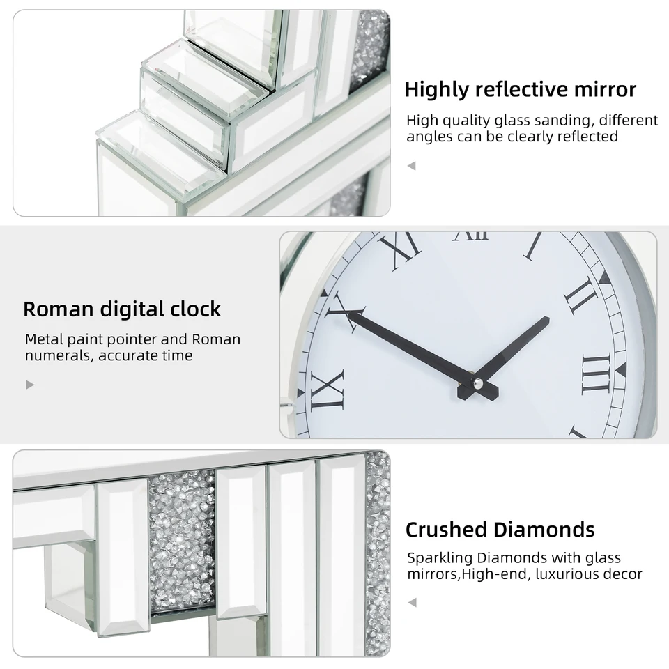 Orologio da parete quadrato con strass sfusi – cristallo schiacciato diamante specchio gioiello numeri romani – 30 x 30 cm decorazione casa ufficio soggiorno camera da letto