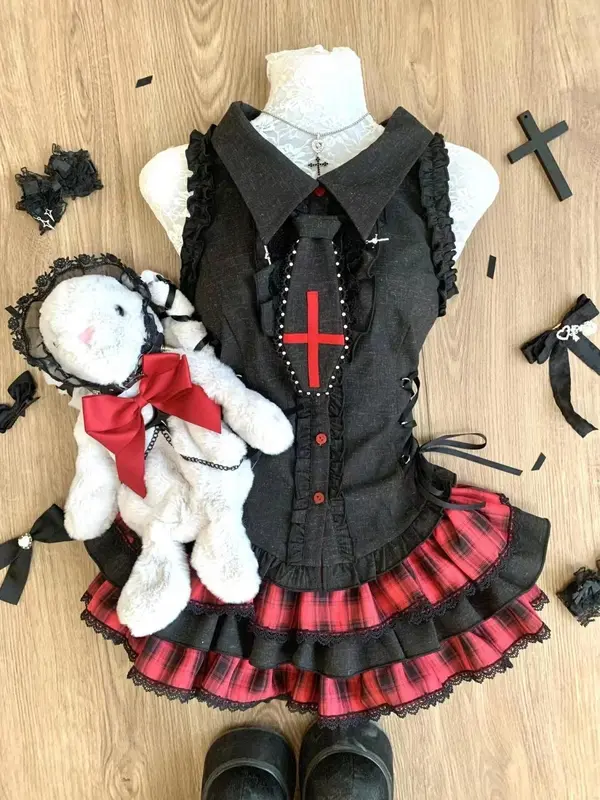 Japanese Sweet Preppy Style 2 Piece Set Women Kawaii Lace Patchwork Bow Tops + Y2k Plaid Mini Skirt Elegant Fashion Outifits New - Image 17