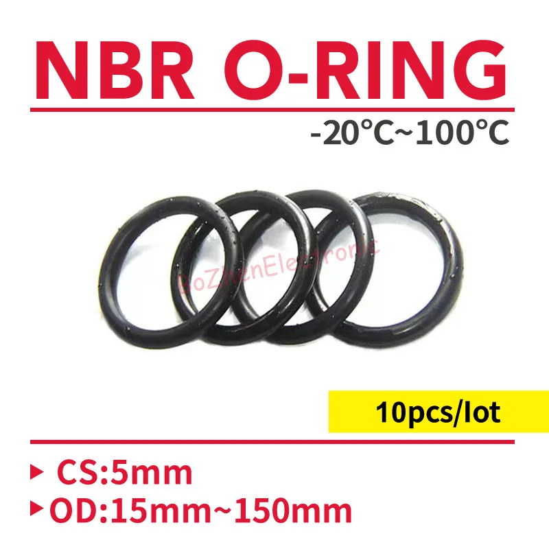 

10pcs NBR O Ring Seal Gasket CS 5mm OD 15~150mm Nitrile Butadiene Rubber Spacer Oil Resistance Washer Round Shape Black