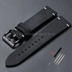 Handcrafted Vintage Oil Wax Leather Watch Band - Premium Cowhide Strap with Handmade Stitching - 22mm (Black - Black)