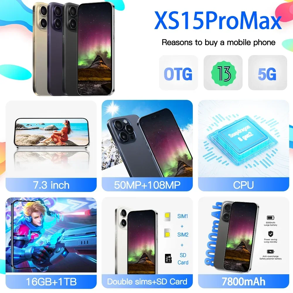 글로벌 버전 스마트폰, 7.3 인치, XS15 프로 맥스, 풀 스크린, 4G, 5G 휴대폰, 7800mAh, 오리지널 브랜드, 신제품