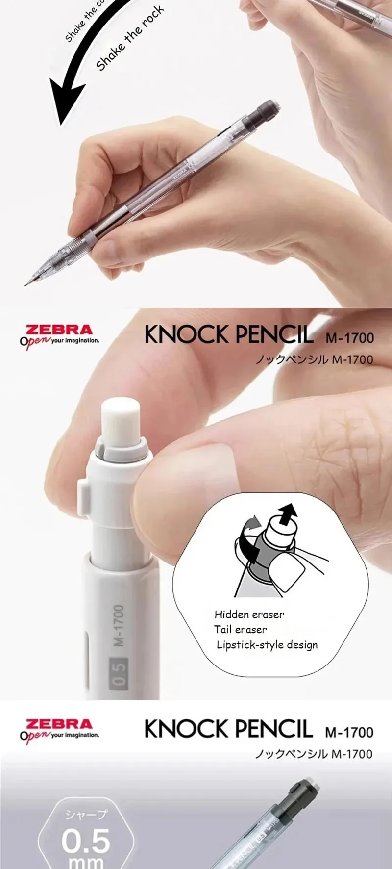 Japanischer ZEBRA Druckbleistift mit herausdrehbarem Stiftminen, niedrigem Schwerpunkt für stabiles Schreiben, 0,5 mm, ausziehbar, mit Gummi, Schulbedarf – Detail 2