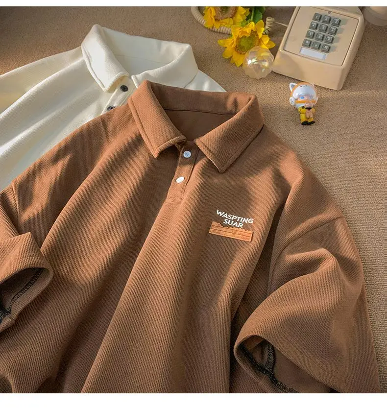 

American retro waffle short-sleeved men's polo shirt summer new heavyweight couple t-shirt women's oversize trend men clothing
