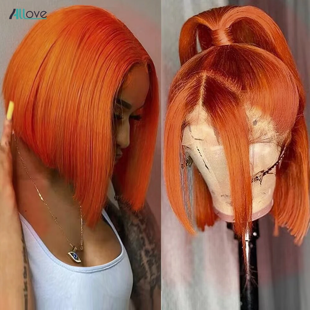 

Allove Orange Ginger Bob Wig Straight Short Bob Lace Front Wig Brazilian 99J Colored 4x4 Lace Closure Human Hair Wigs For Women