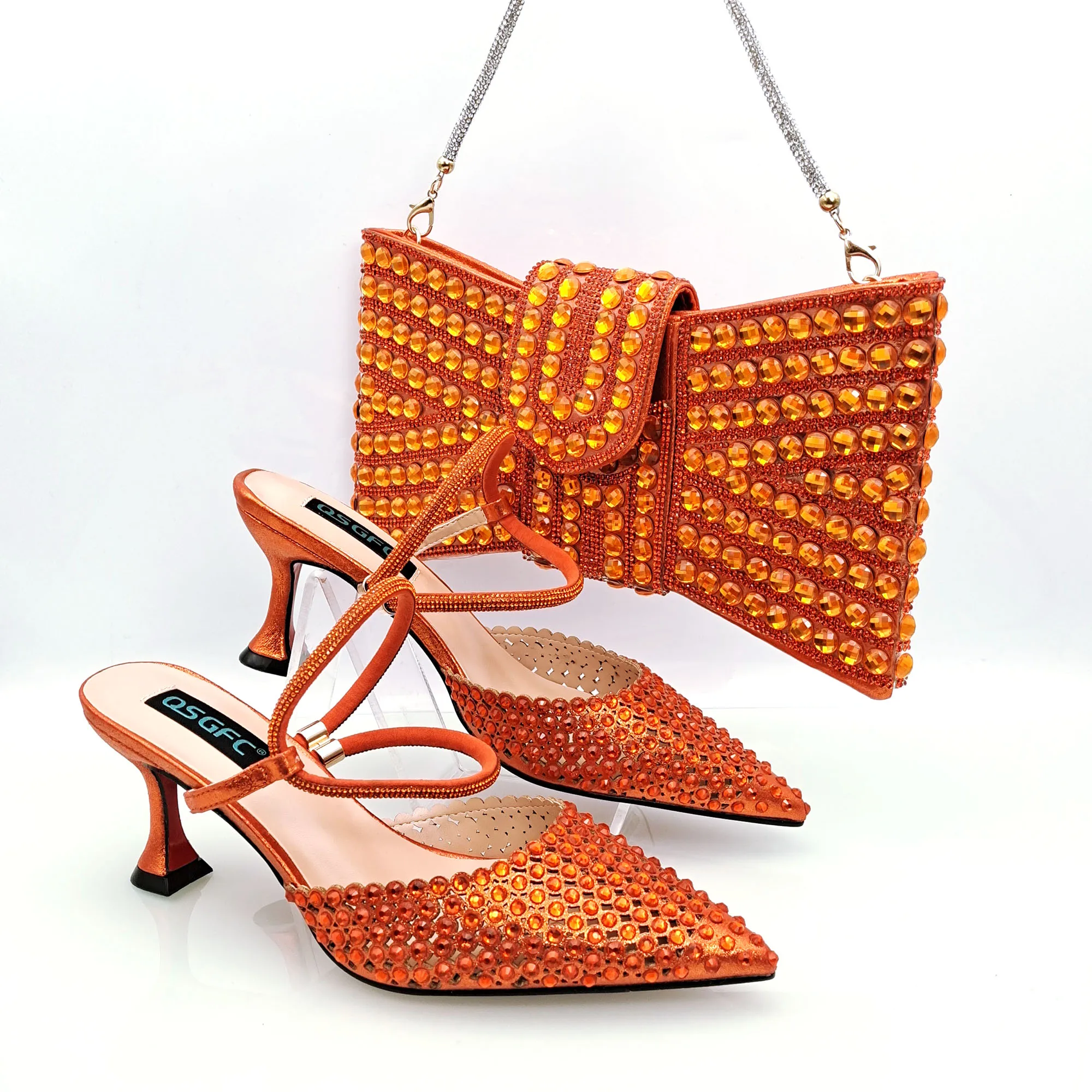 

Cinessd New Arrival Fashion Sweet Style Orange Color Ladies Shoes and Bag Set for Party Wedding