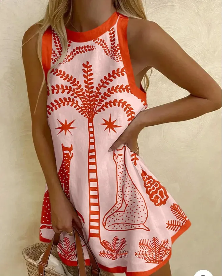 KIDCRKJ Damen Bohemian Ärmelloses Sommerkleid mit Aufdruck, lässig, locker, O-Ausschnitt, Minikleid, Urlaub, Party, Strand, A-Linien-Rock, Vestidos