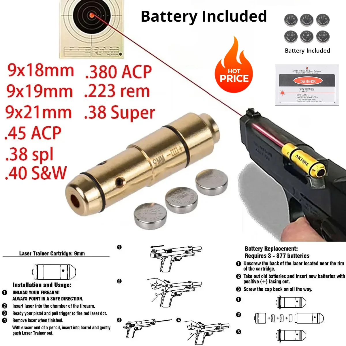 9mm GLOCK 43 Training Laser Bullet Dry Firing Bore Sight