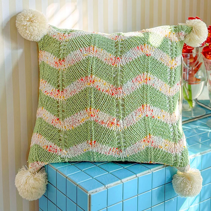 Weiche Boho-Kissenhülle aus buntem Strick mit Quasten, Baumwolle und Leinen, moderne Kissenbezüge für Sofa und Bett – Detail 11