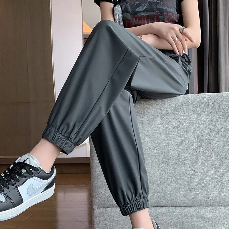 Spring Summer Women's Solid High Waist Pockets Elastic Casual Lantern Loose Harlan Trousers Preppy Style Drawstring Pants