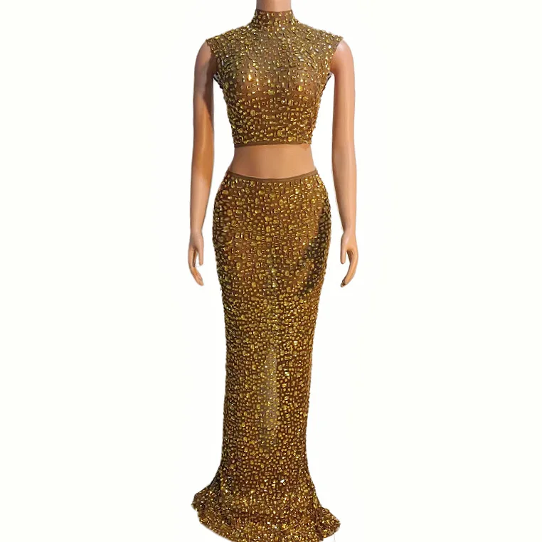 Elegant Sexy Rhinestone Two-Piece Set Evening Dress for Women Elastic Wedding Birthday Celebration Sexy Rhinestone Dress