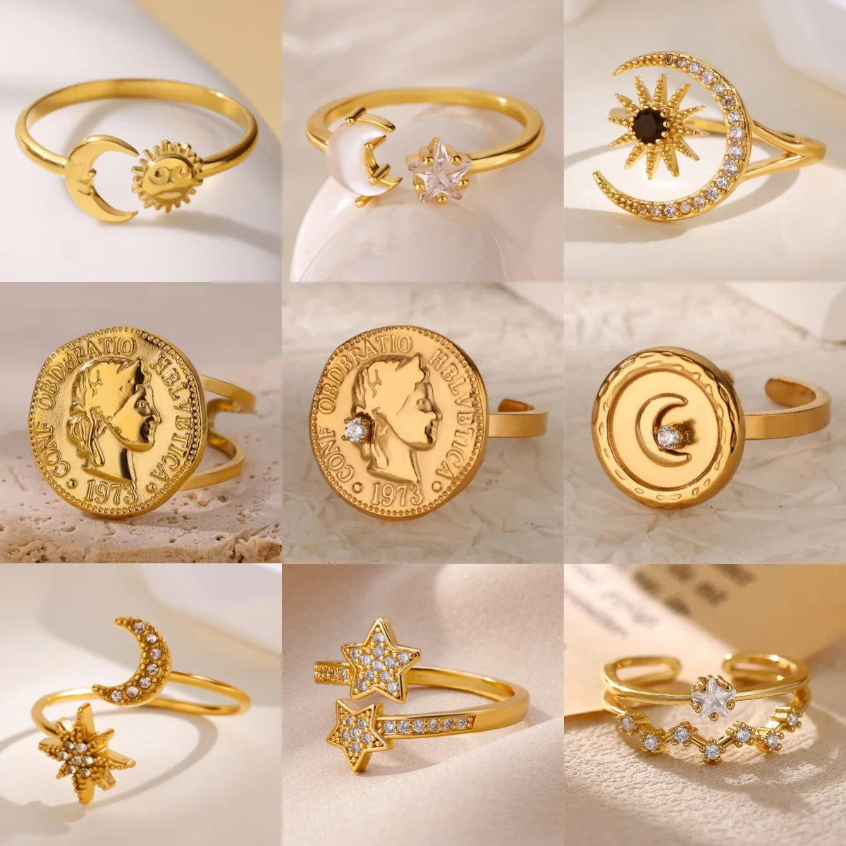 Vintage Ancient Greek Arethusa Goddess Coin Rings For Women Imitation Pearl Zircon Moon Stainless Steel Ring Fashion Jewelry 1