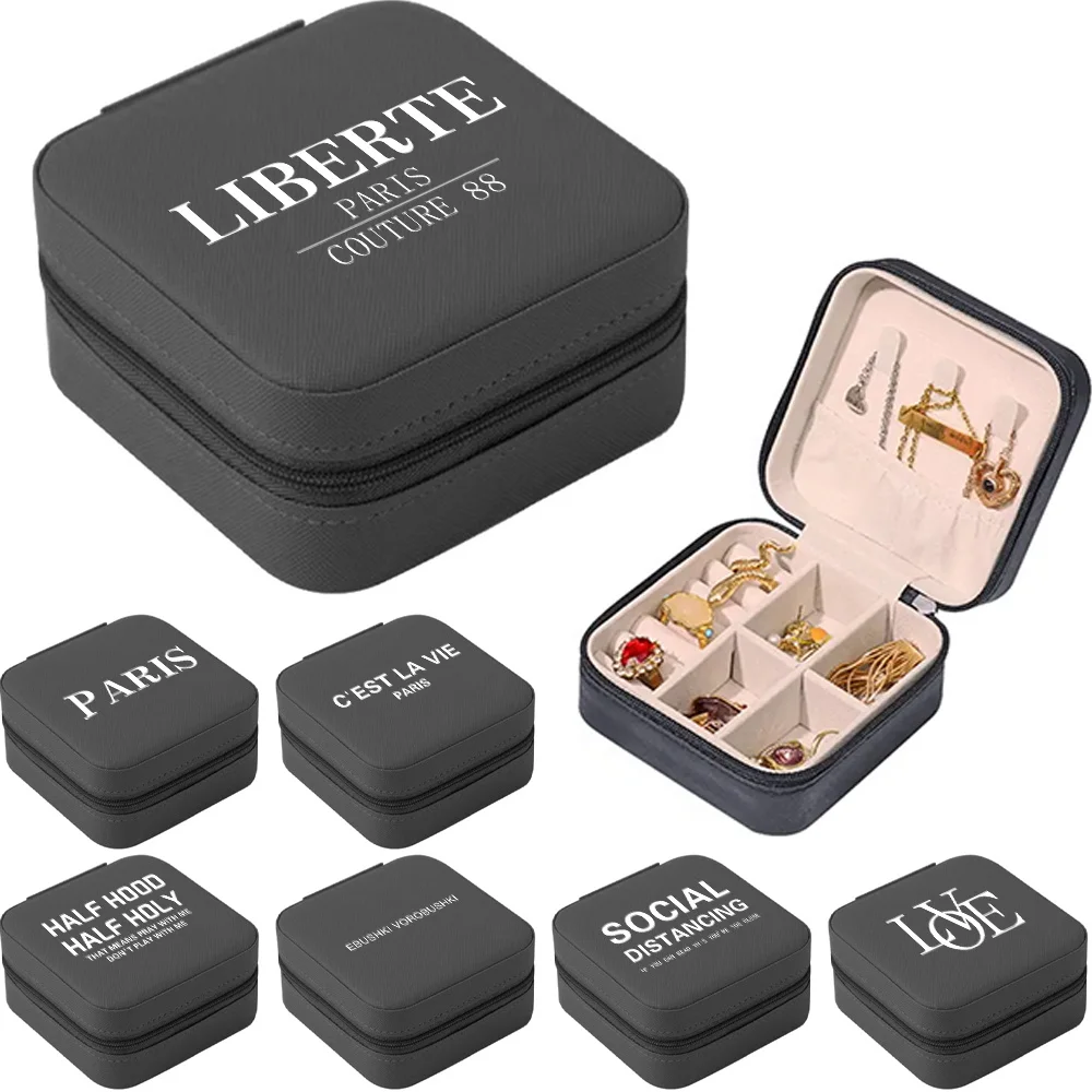 

Portable Jewelry Box Jewelry Organizer Display Text Print Lady Travel Jewelry Case Boxes Leather Storage Zipper Jewelers Joyero