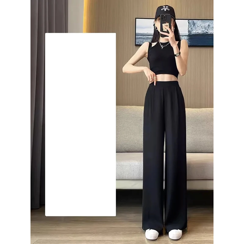 new Summer Casual Wide Leg Pants Women Korean Fashion High Waist Baggy Straight Pants Woman Solid Elastic Waist Full Trousers