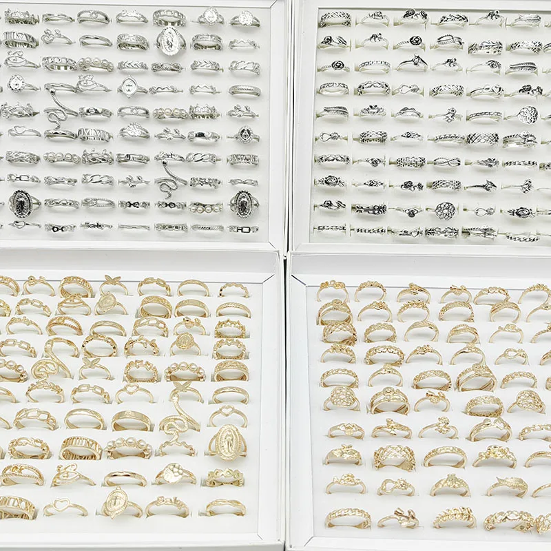 30pcs/Lot Jewelry Factory New Mix Style And Size Finger Rings For Women Silver Gold Color Pearl Snake Flower Ring Party Decorate