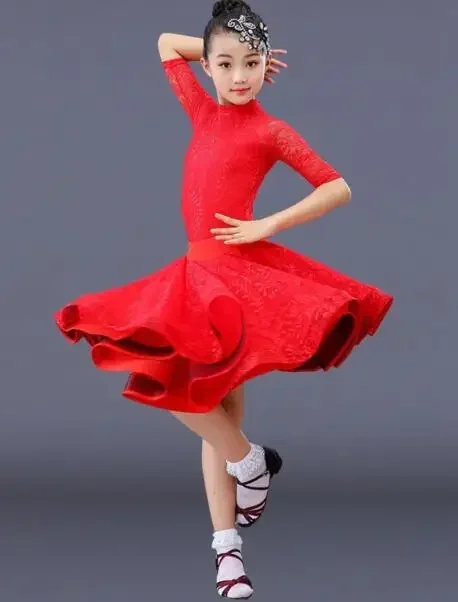 Dance Dress children Ballroom Salsa Tango lace dress Girl long sleeve Latin Dance dress