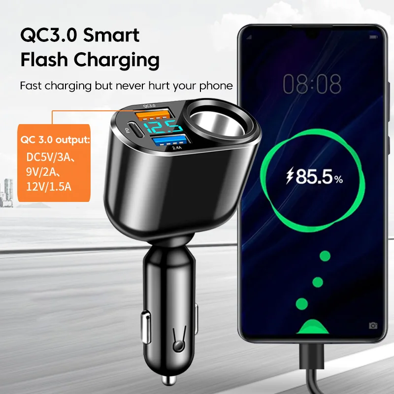 Olaf 66W 3 Ports USB C Car Phone Charger QC 3.0 Fast Charging PD Type C for iPhone Huawei Sumsung Xiaomi