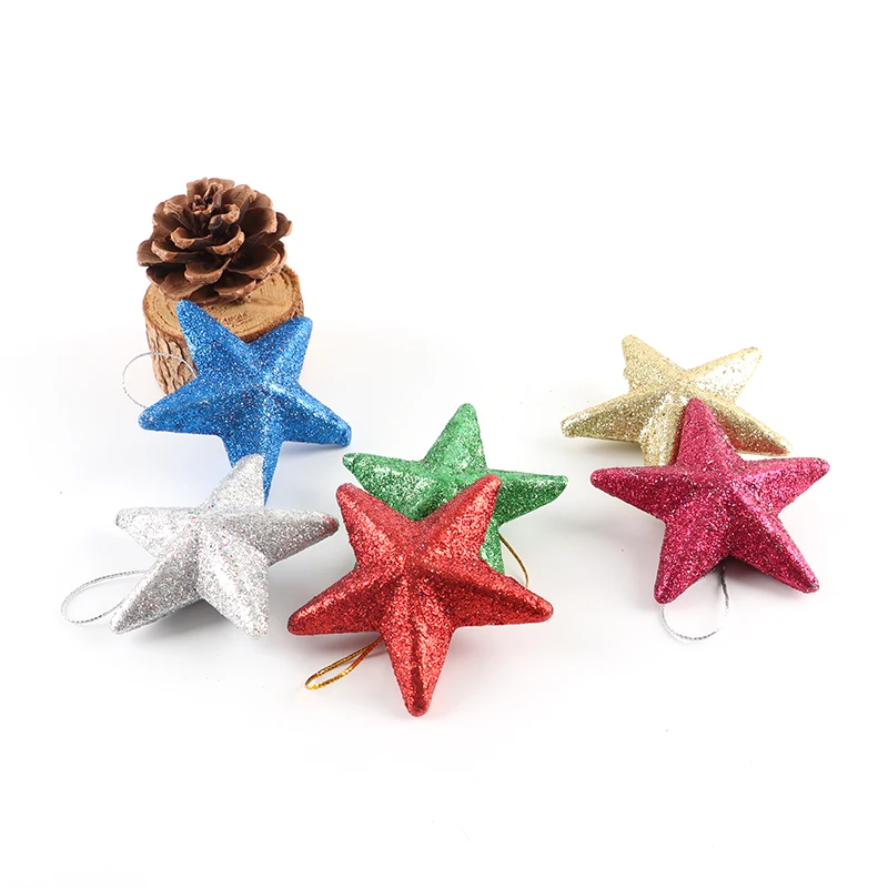 (6PCS/bag) 7.36CM Sparkling Pink Pentagram Christmas Tree Pendant for New Year Celebration with Design Sense