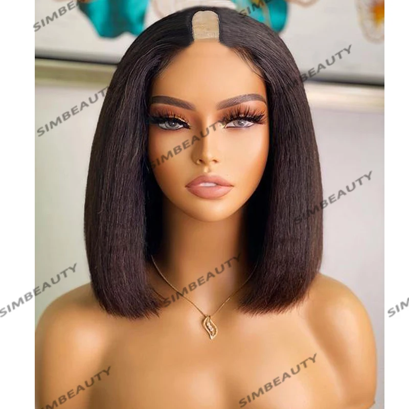

Italian Short Bob 8-14Inches Light Yaki Straight Human Hair U Part Wigs for Women Glueless 1x4 Adjustable Opening U Part Wigs