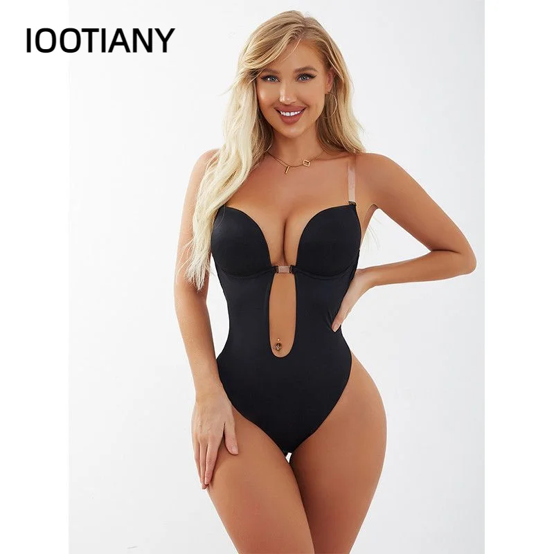 Sexy Bodysuit Corset Woman Deep V Shapewear Clear Strap Backless Plunge Thong Push Up Padded Bra Lady Body Shaper Underwear 2023
