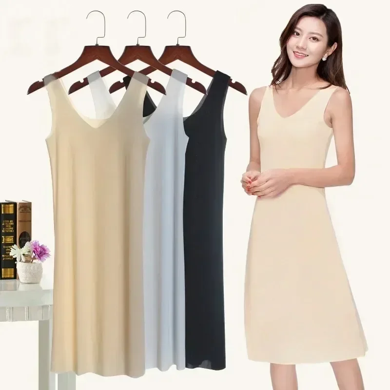 Seamless Full Slips For Women Petticoat Underskirt Plus Size Sexy V Neck Sleeveless Ice Silk Ultra Thin Full Slips Dresses women full slip dress petticoat skirt