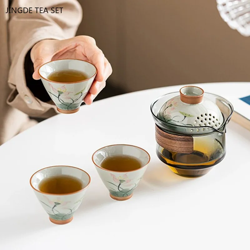 Exquisite Hand-painted Lotus Tea Set Travel Cup Gaiwan Set Outdoor Portable A Pot of Three Cups Custom Tea Gift Storage Box