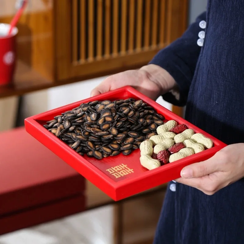 Chinese Red Square Wooden Tray, Wedding Tea Tray, Kitchen Storage for Desserts and Snacks, Solid Wood Tray for Tableware Storage 2