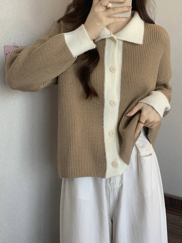 IUOIIN 턴다운 칼라 가디건 여성용 스웨터, 2023 가을 패션, 루즈 버튼, 솔리드 가디건, 기본 싱글 브레스트 의류