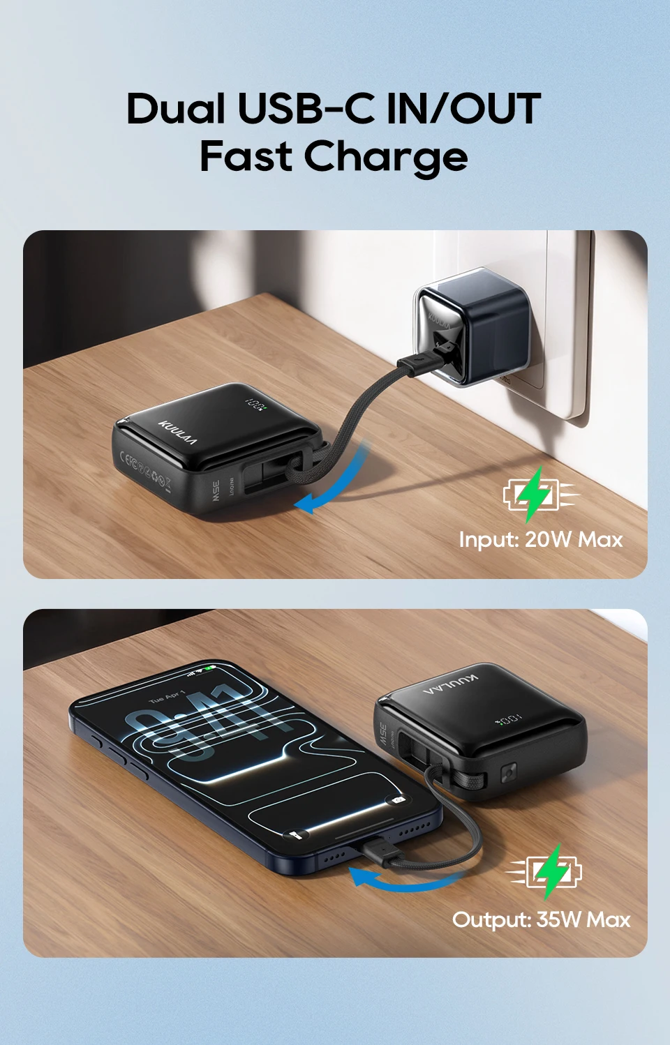 Kuulaa 10000mAh Power Bank with Built-In USB-C Cable 35W