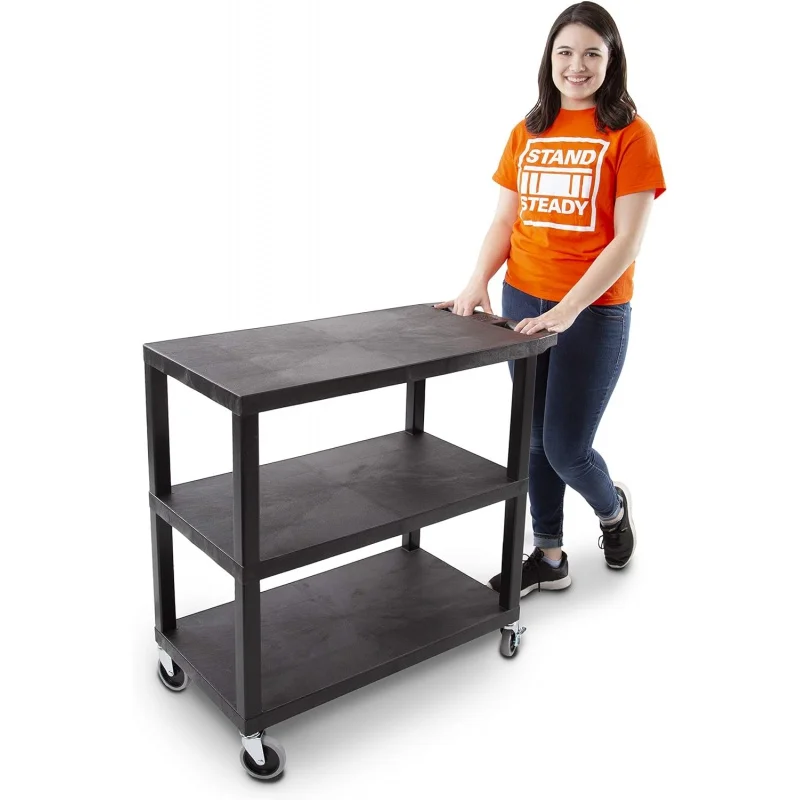 

Stand Steady Tubstr 3 Flat Top Shelf Utility Cart Supports Up to 400 lbs - Heavy-Duty Plastic Service Push Cart with Three Flat