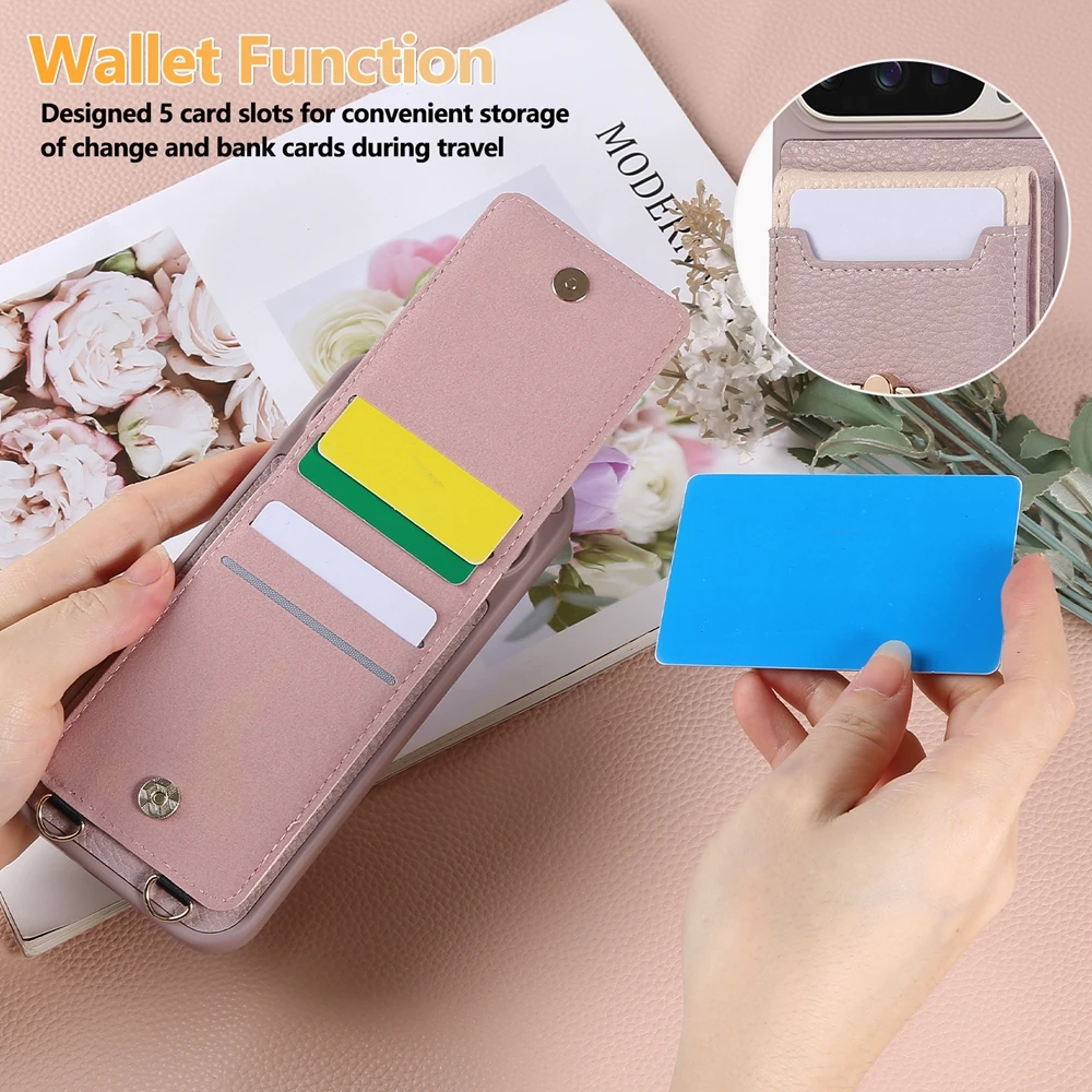 Premium Crossbody Leather Phone Case with Ring Bracket, Card Holder, and Lanyard Strap