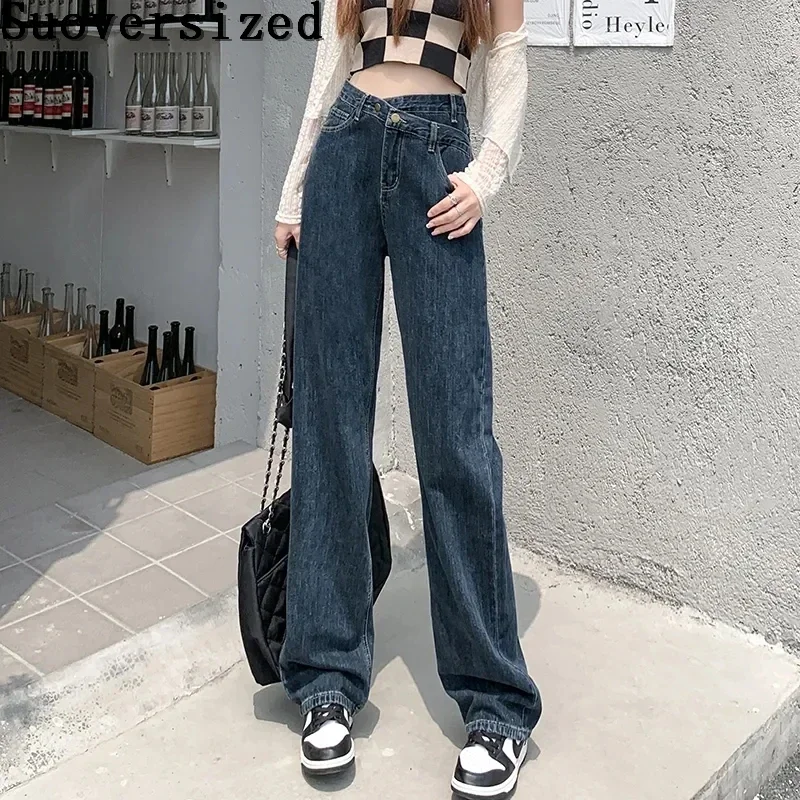 デニム・ジーパン MLB Korea Women's Basic Destroyed Wide Denim Pants NY LBlue Unybwonn Women's Distressed Denim Pants High Waist Baggy