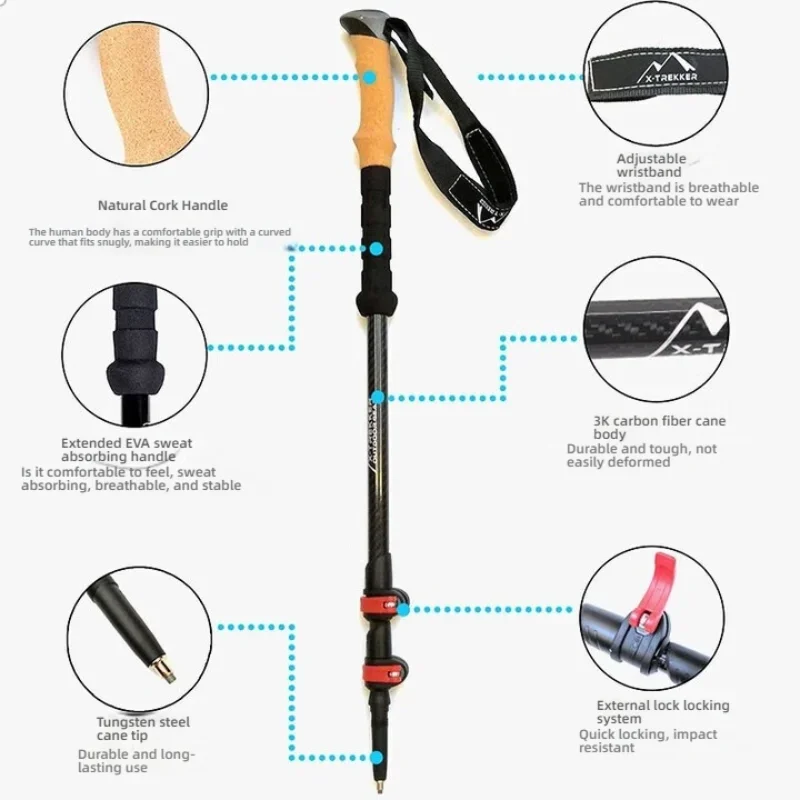 2PCS Three Section Telescopic Carbon Trekking Pole Hiking Carbon Fiber Cane Ultralight Trekking Folding Pole camping