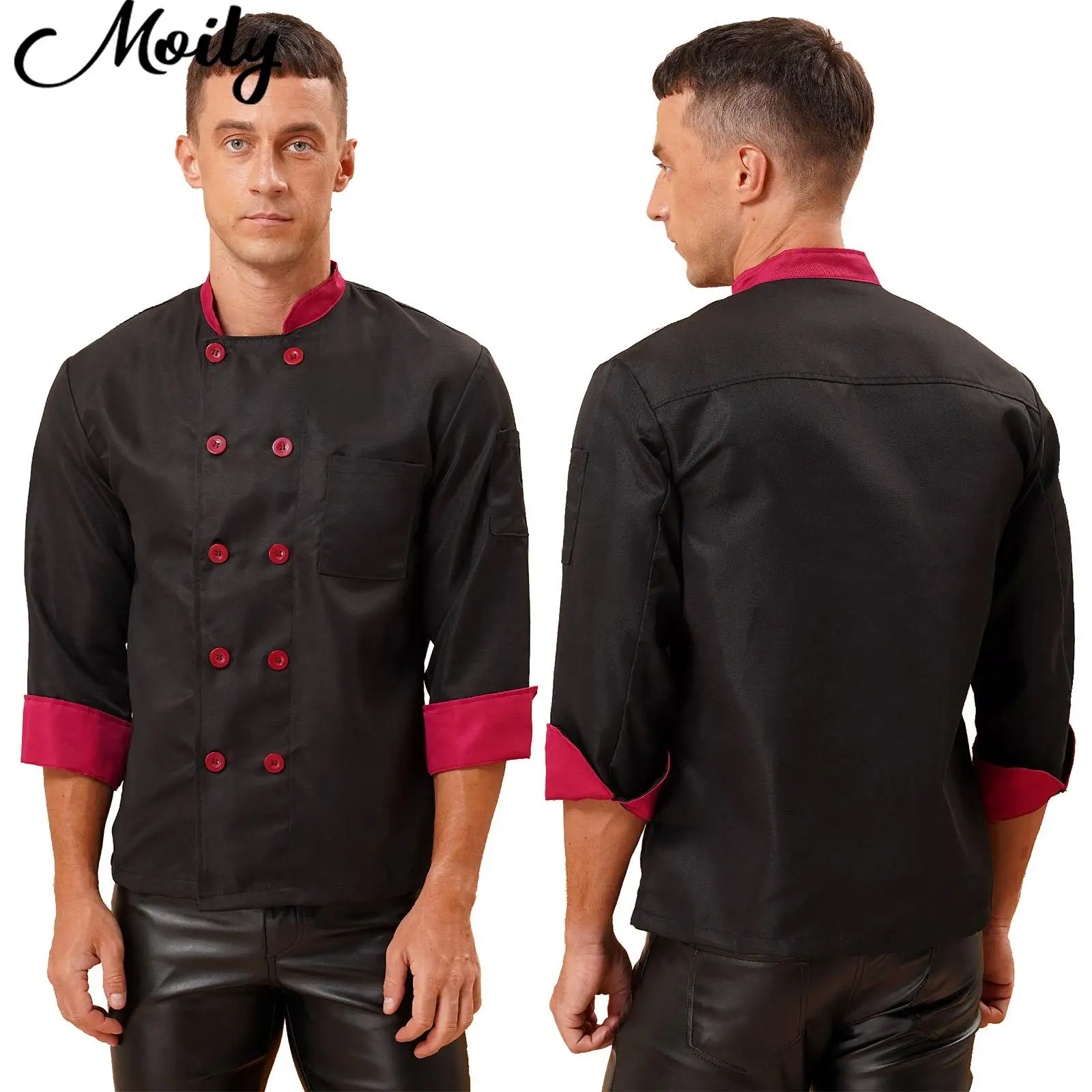 

Alduts Mens Womens Food Service Chef Jacket Stand Collar Cooks Coat Hotel Restaurant Bakery Kitchen Uniform with Pockets