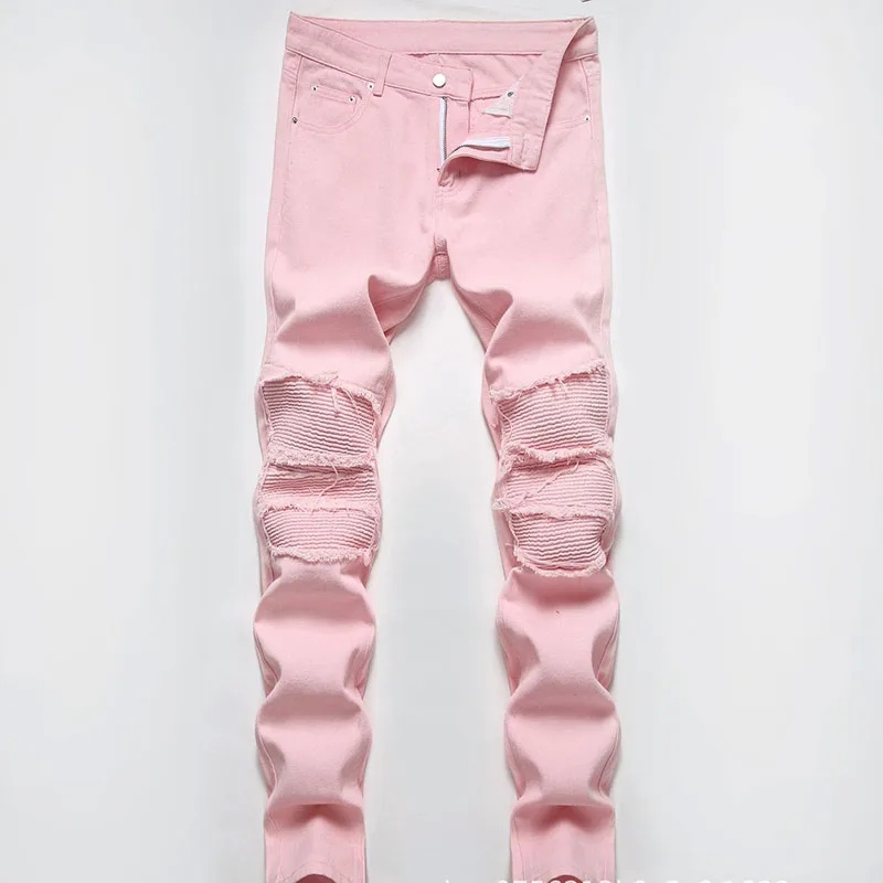 High Street Ripped Patch Pink Jeans Men's Spring Summer Casual Whiskers