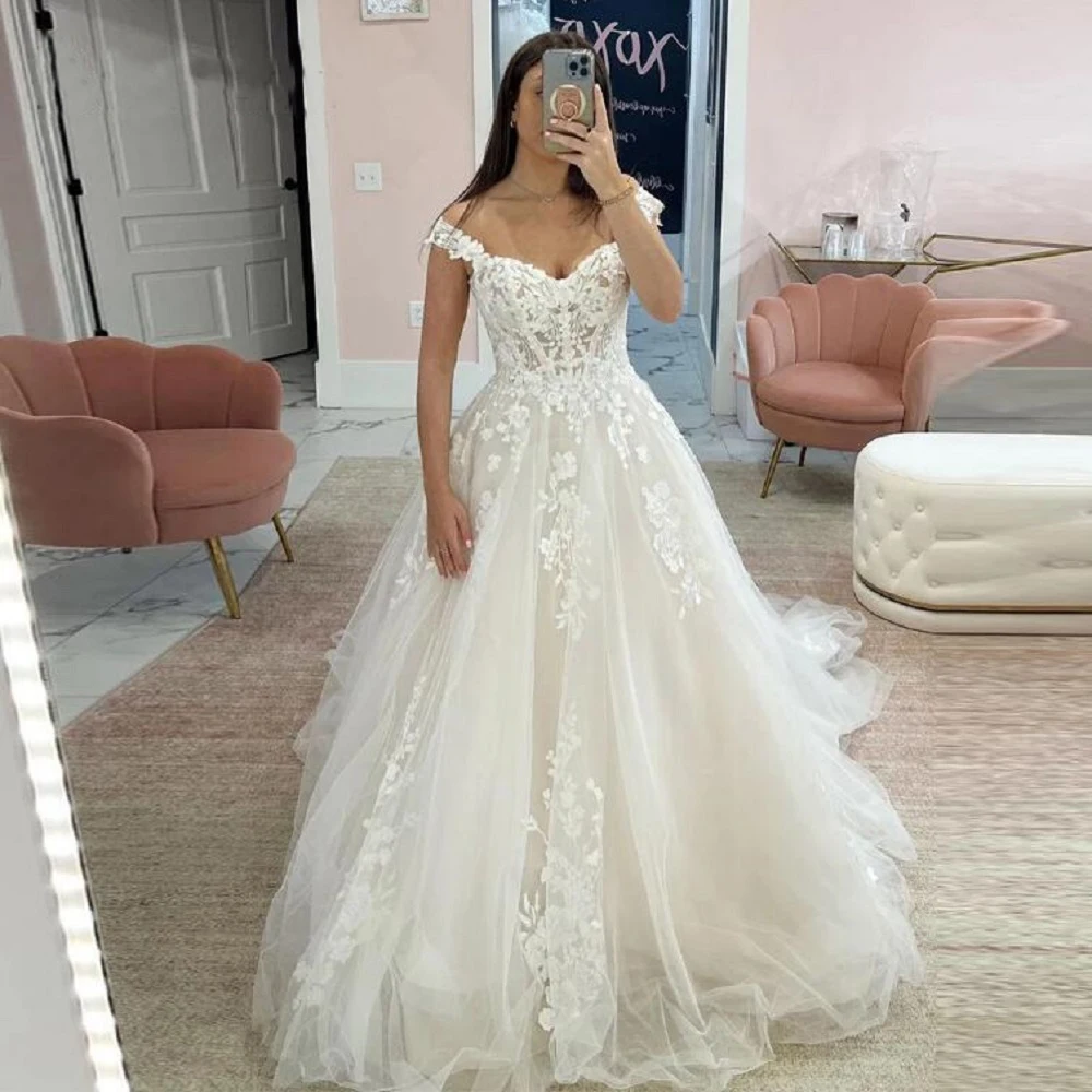 Zj9361 Appliques Di Tulle Di Pizzo Bianco Con Spalle Scoperte Abito Da Sposa A-Line Lace-Up Back Ball Gowns Bride Princess Formal Women Dress