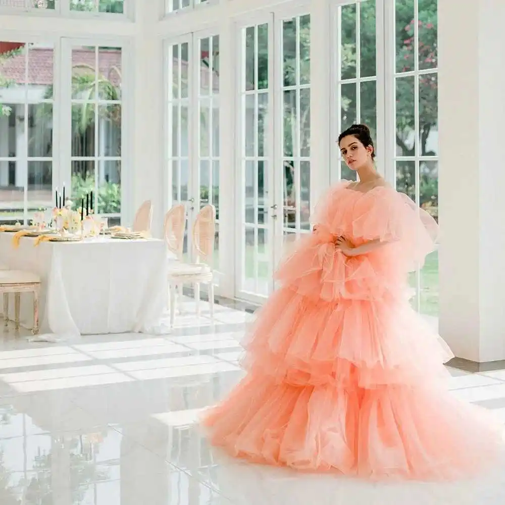 

Extra Puffy Prom Gowns Salmon Colored Tulle Dresses Custom Made Lush Ruffled Floor Length Party Dress with Sleeves