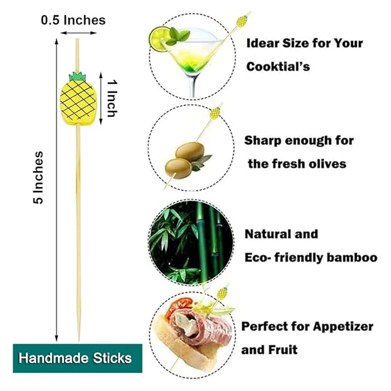 Cocktail Picks Handmade Bamboo Toothpicks 100Pcs 4.7 Inch Yellow Pineapples Easy To Use High Guality