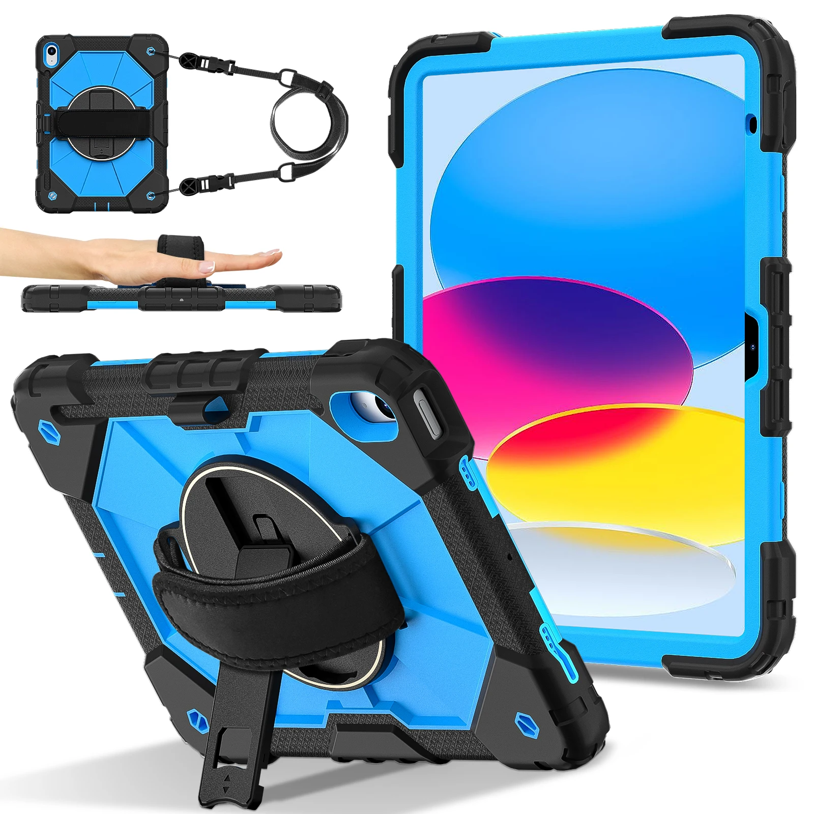 360 Rotatable Universal Protective Case for Tablets with Hand and Shoulder Strap - 3-Layer Hybrid Cover, 11-Inch